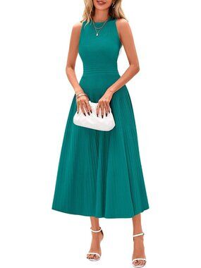 Women's Dress Midi Blue Green Crew Neck Short Sleeveless A Line Casual Summer